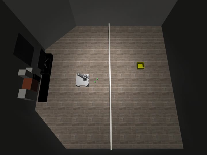 A robot prepares to toss a cube across the room
